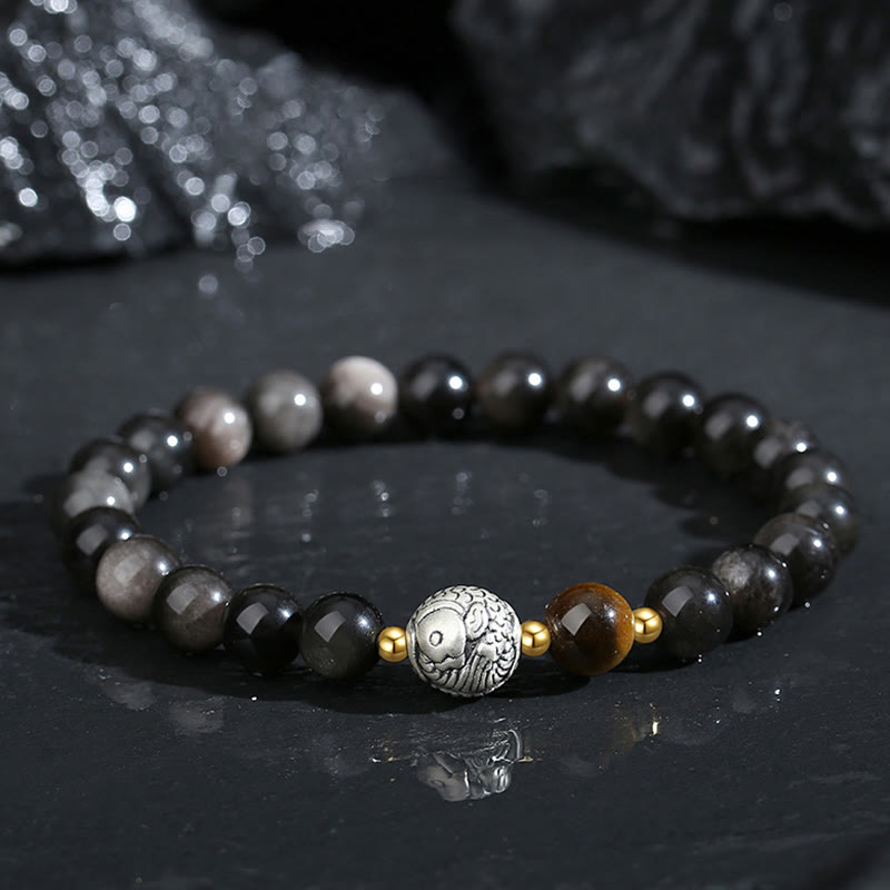 Buddhist Blessing Black Obsidian 999 Sterling Silver Tiger Eye 925 Sterling Silver Koi Fish Purification Bracelet