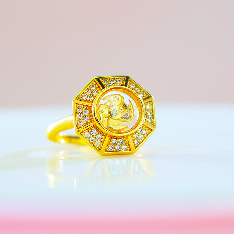 Buddhist Blessing Gold Plated Copper Windmill Feng Sheng Shui Qi Luck Wealth Adjustable Ring
