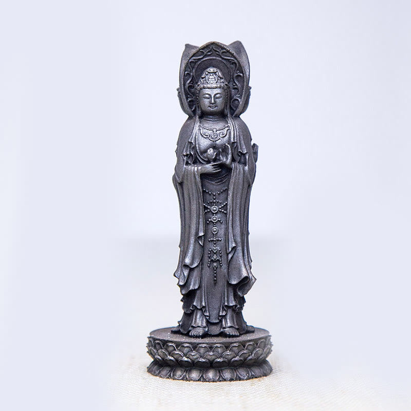 Buddhist Blessing Three-sided Kwan Yin Avalokitesvara Iron Powder Rust Cast Resin Statue Wealth Desk Decoration