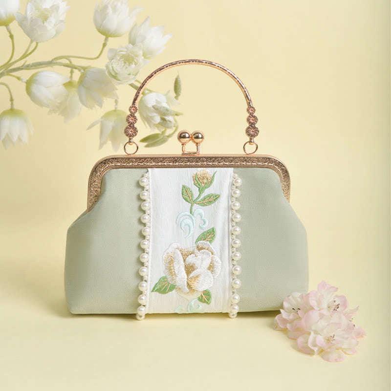 Buddhist Blessing Double-sided Flowers Embroidery Pearl Pendant Metal Chain Crossbody Bag Handbags