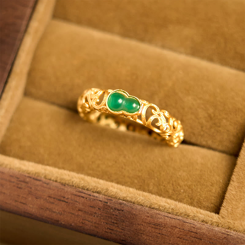 Buddhist Blessing Vintage Gourd Green Chalcedony Copper Alloy Wealth Ring