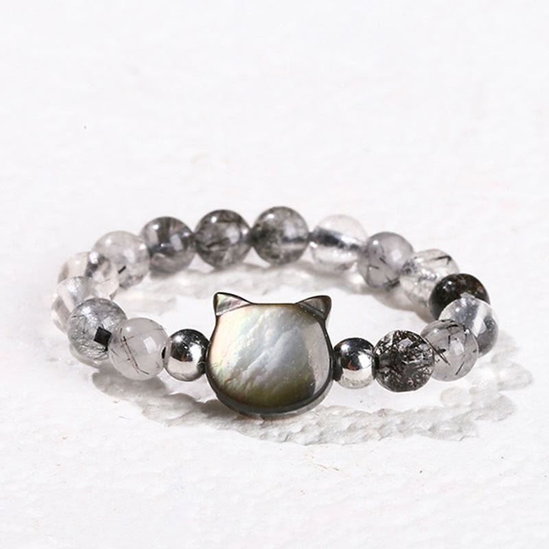 Buddhist Blessing 3mm Black Rutilated Quartz Tridacna Stone Rabbit Cat Ring