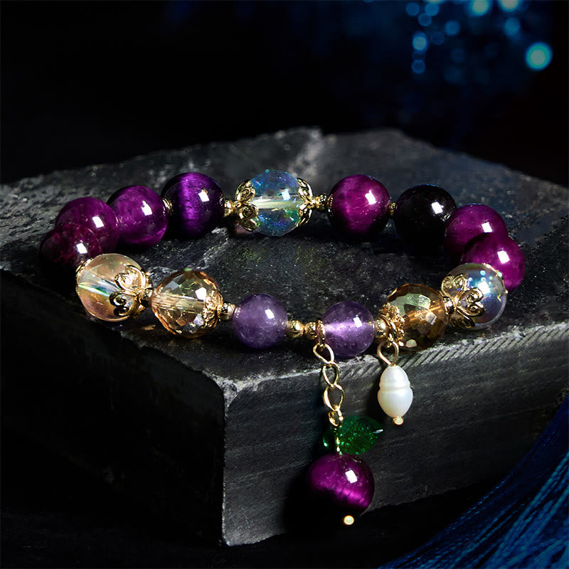 Buddhist Blessing Natural Red Tiger Eye Purple Tiger Eye Beads Green Leaf Protection Bracelet