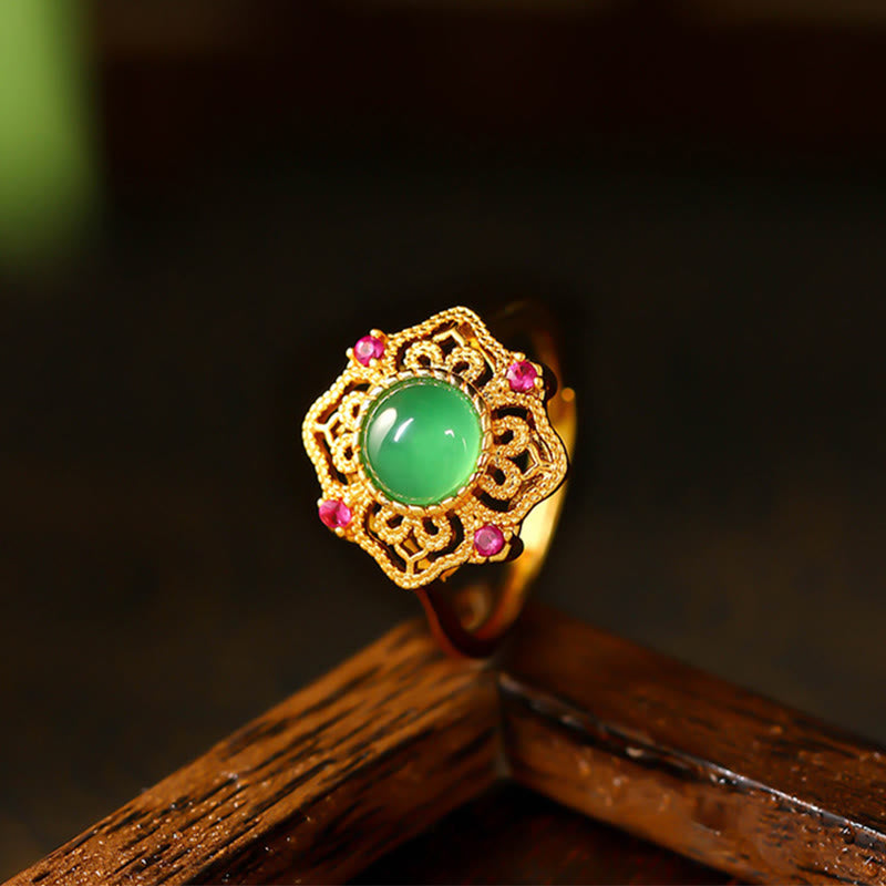Buddhist Blessing Green Chalcedony Hollow Pattern Strength Adjustable Ring