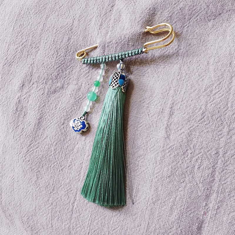 Buddhist Blessing Vintage Chalcedony Beads Tassels Positive Brooch