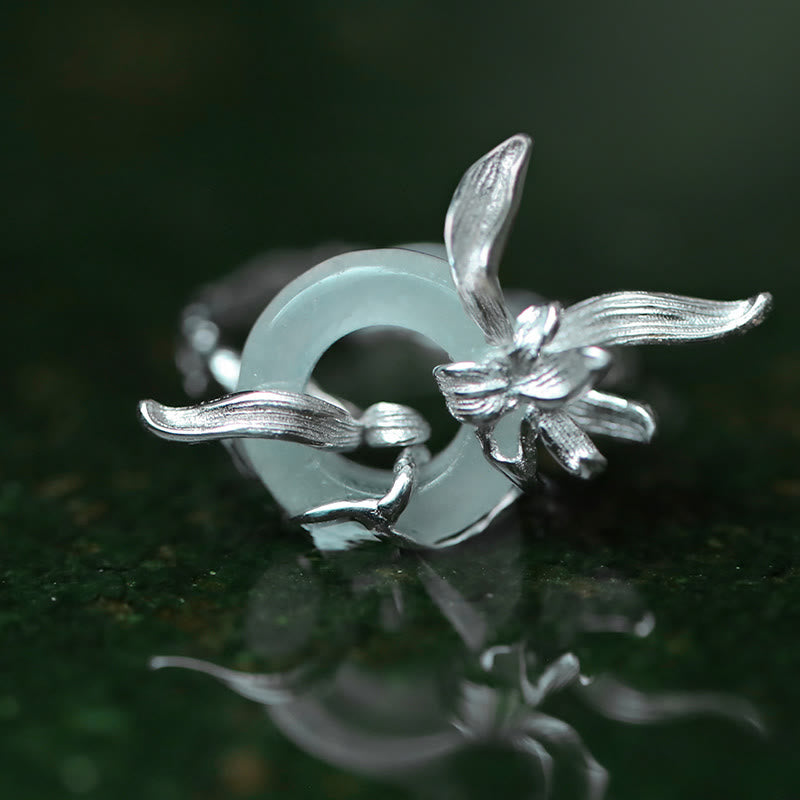 Buddhist Blessing 925 Sterling Silver Iris Design Peace Buckle Quartzite Jade Balance Ring