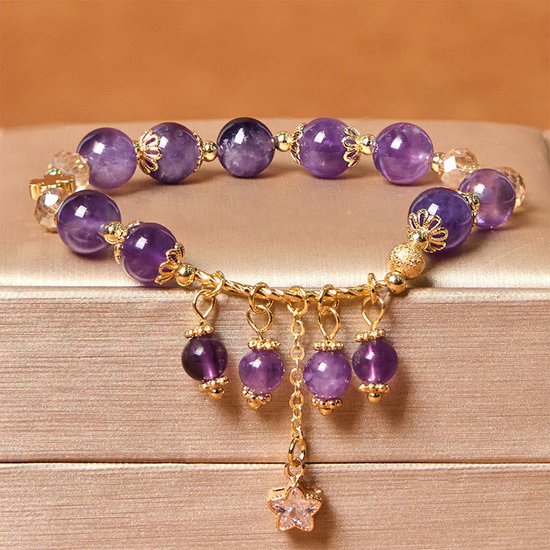 Buddhist Blessing Natural Amethyst Four Leaf Clover Star Peace Bracelet