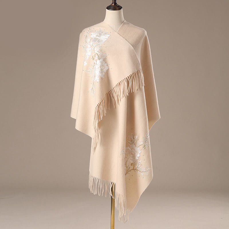 Buddhist Blessing Wool Shawl White Flower Embroidery Tassel Winter Cozy Travel Scarf Wrap