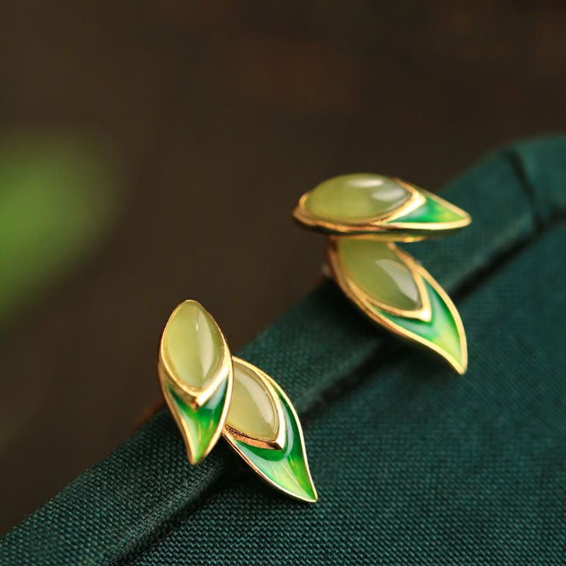 Buddhist Blessing 925 Sterling Silver Jade Leaf Prosperity Earrings