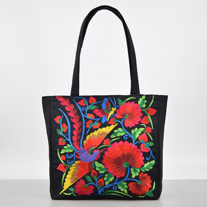 Buddhist Blessing Galsang Magpie Peony Camellia Chrysanthemum Embroidery Canvas Shopping Purse Handbag Shoulder Bag
