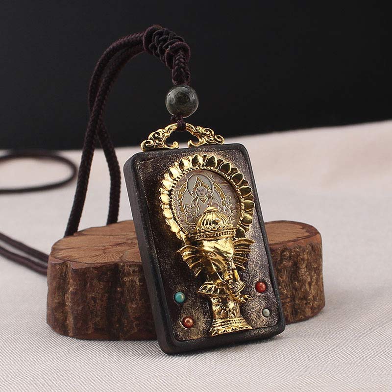 Buddha Stones Ebony Wood Elephant God of Fortune Buddha Blessing Necklace String Pendant