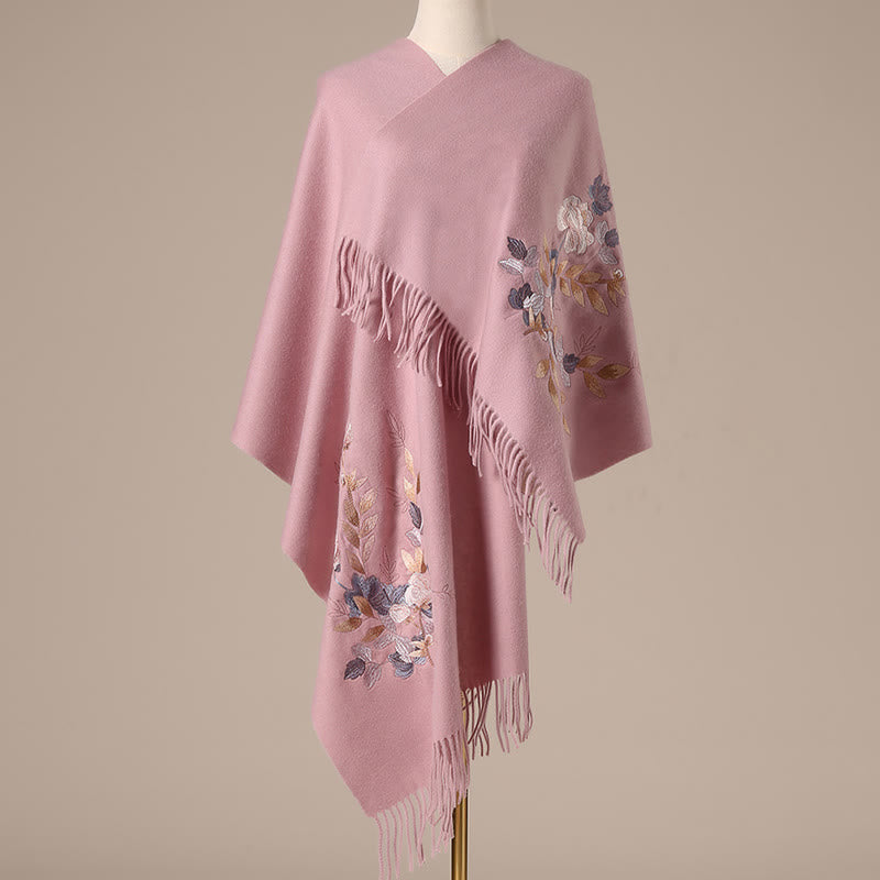 Buddhist Blessing Wool Shawl White Pink Flowers Golden Leaves Embroidery Tassel Winter Cozy Travel Scarf Wrap