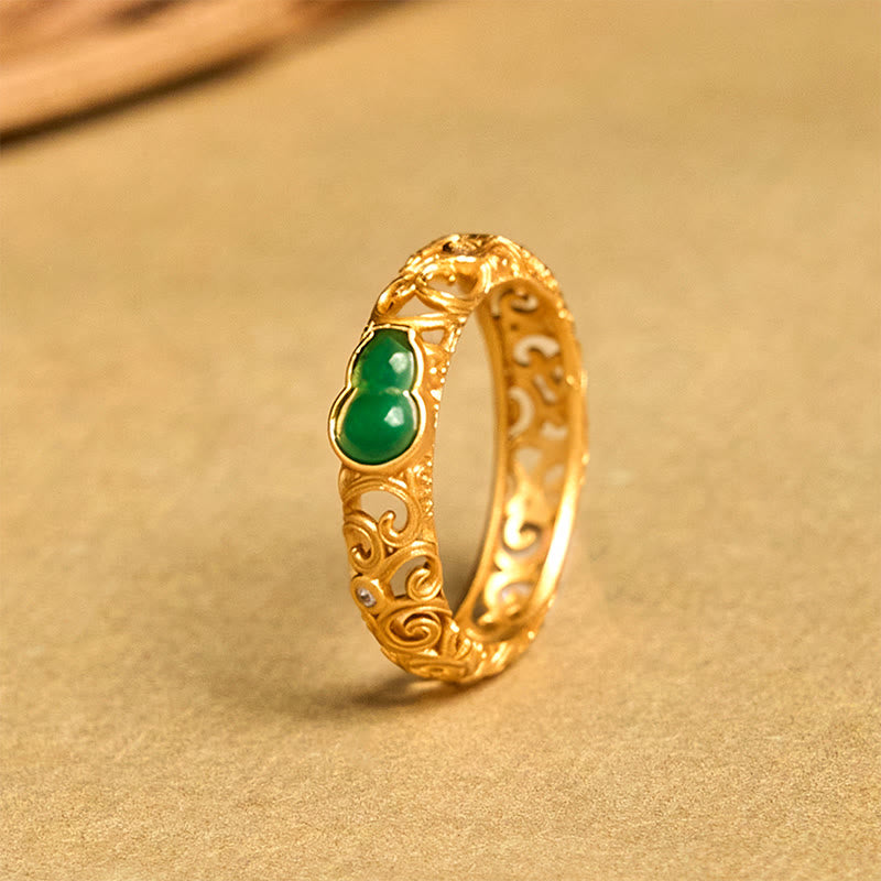 Buddhist Blessing Vintage Gourd Green Chalcedony Copper Alloy Wealth Ring