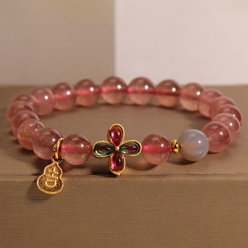 Buddhist Blessing Strawberry Quartz Four-leaf Clover Lucky Gourd Healing Bracelet