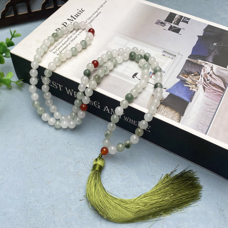 Buddhist Blessing 108 Mala Beads Natural Tianshan Jade Tassel Luck Bracelet