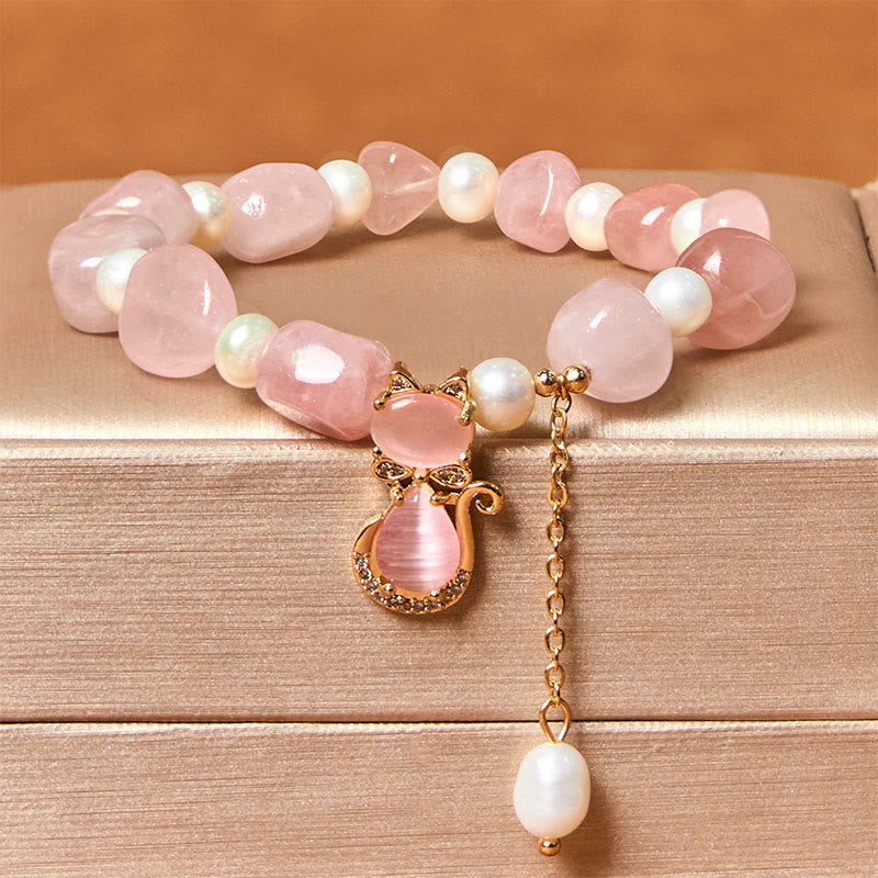 Buddhist Blessing Natural Strawberry Quartz Pearl Cat Positive Bracelet