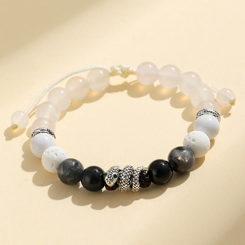 Buddhist Blessing Black Onyx Black Glitter Stone White Agate White Turquoise Year Of The Snake Protection Bracelet