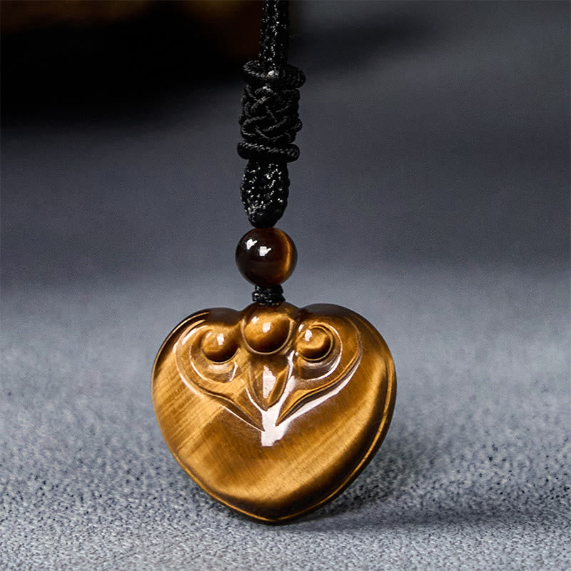 Buddhist Blessing Natural Tiger Eye Love Heart Pattern Protection Rope Necklace Pendant