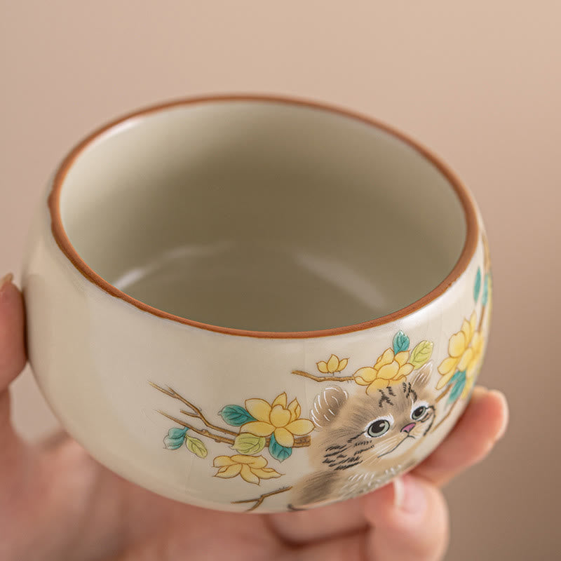 Buddhist Blessing Cute Cat Yellow Flowers Rabbit Teacup Kung Fu Tea Cup