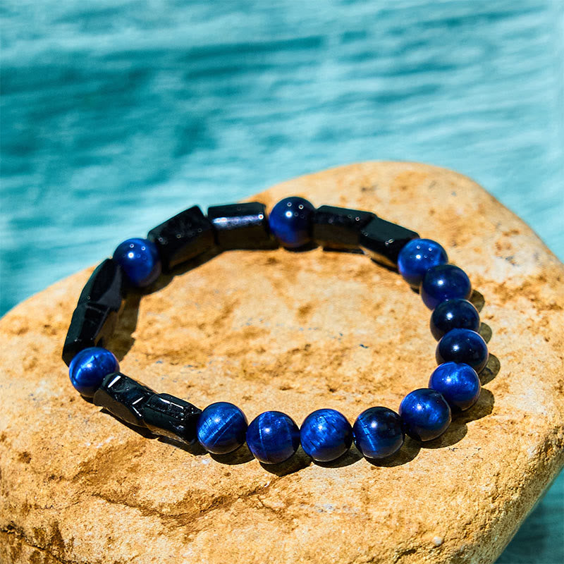 Buddhist Blessing Blue Tiger Eye Black Tourmaline Strength Bracelet