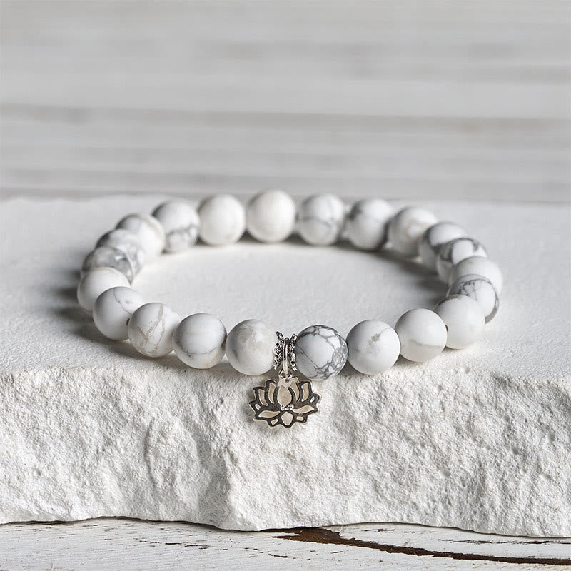 Buddhist Blessing 925 Sterling Silver Lotus Design Natural White Turquoise Wealth Bracelet