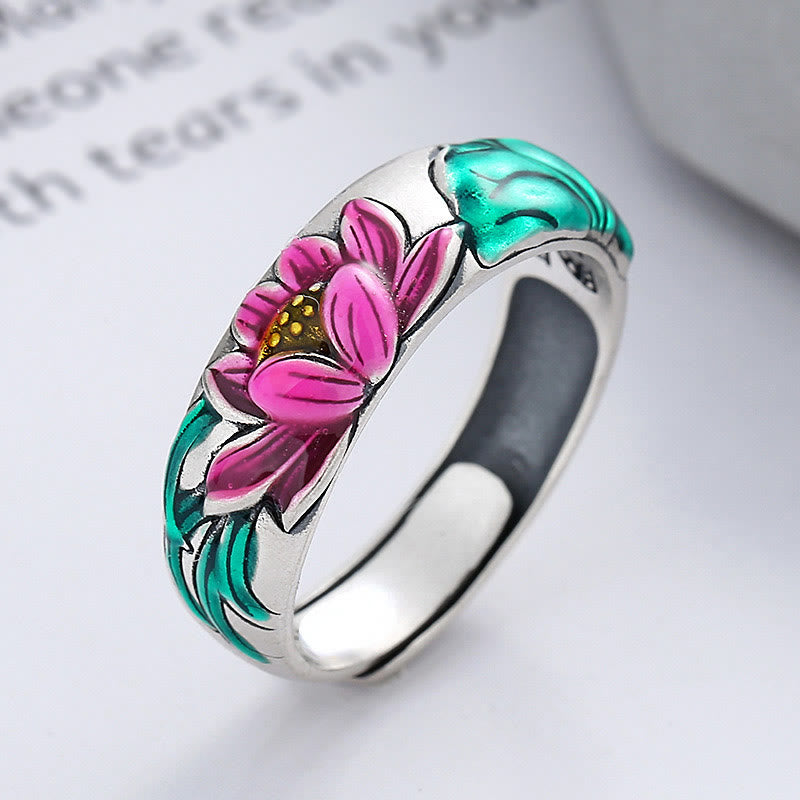 Buddhist Blessing 925 Sterling Silver Lotus Flower Heart Sutra Enlightenment Ring
