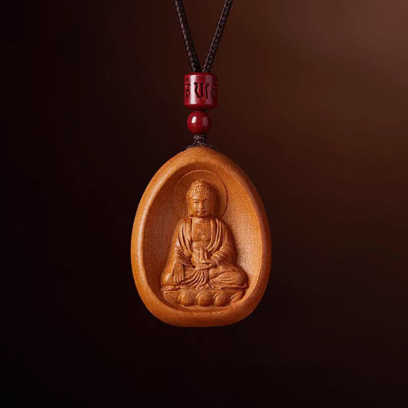 Buddhist Blessing Peach Wood Cinnabar Om Mani Padme Hum Chinese Zodiac Black String Necklace Pendants