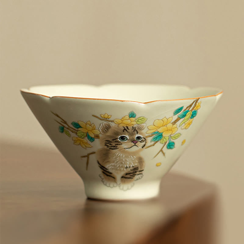 Buddhist Blessing Cute Cat Yellow Flowers Rabbit Teacup Kung Fu Tea Cup