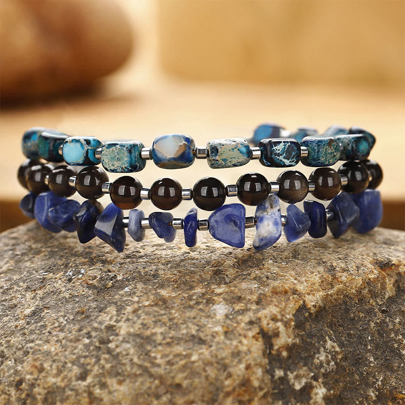 Buddhist Blessing Emperor Stone Sodalite Gold Sheen Obsidian Balance Triple Wrap Bracelet