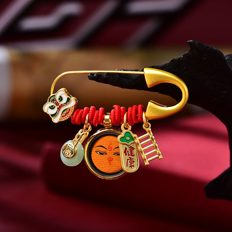 Buddhist Blessing Tibetan Dancing Lion Jade Peace Buckle Fu Character Safe And Well Copper Luck Brooch