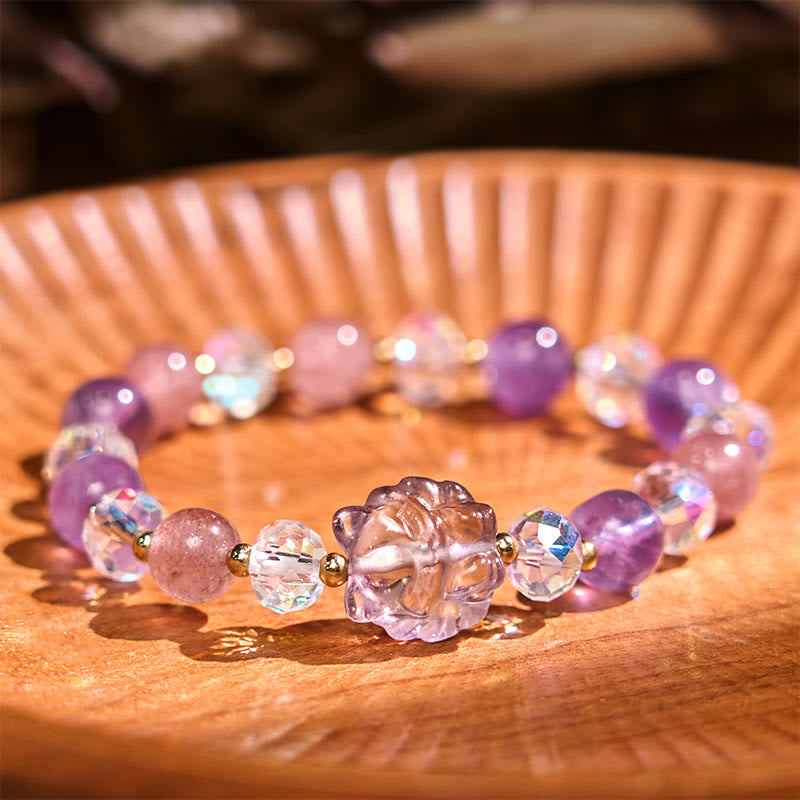 Buddhist Blessing Amethyst Strawberry Quartz White Crystal Nine Tailed Fox Meditation Bracelet