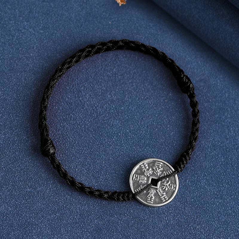Buddhist Blessing 925 Sterling Silver Coin Protection Braided Bracelet Anklet