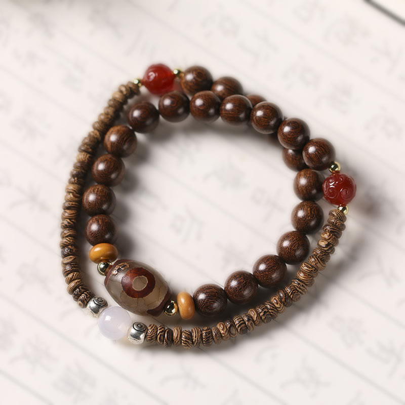 Buddhist Blessing Ebony Sandalwood Green Sandalwood Dzi Bead Balance Calm Double Wrap Bracelet