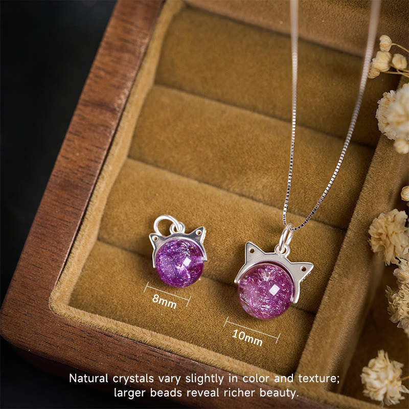 Buddhist Blessing 925 Sterling Silver Natural Light Purple Fireworks Super Seven Crystal Cat Necklace Pendant
