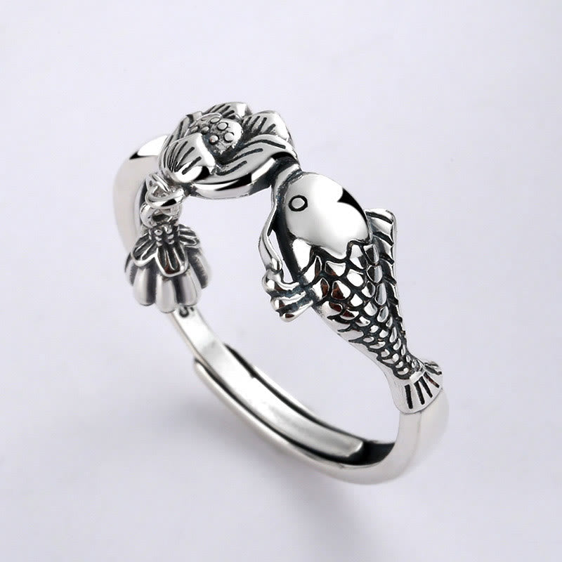 Buddhist Blessing 925 Sterling Silver Koi Fish Lotus Flower Success Ring