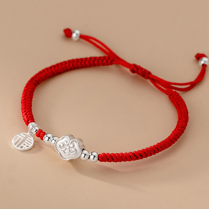 Buddhist Blessing Handmade 925 Sterling Silver Fu Character Auspicious Clouds Blessing Braided Rope Bracelet