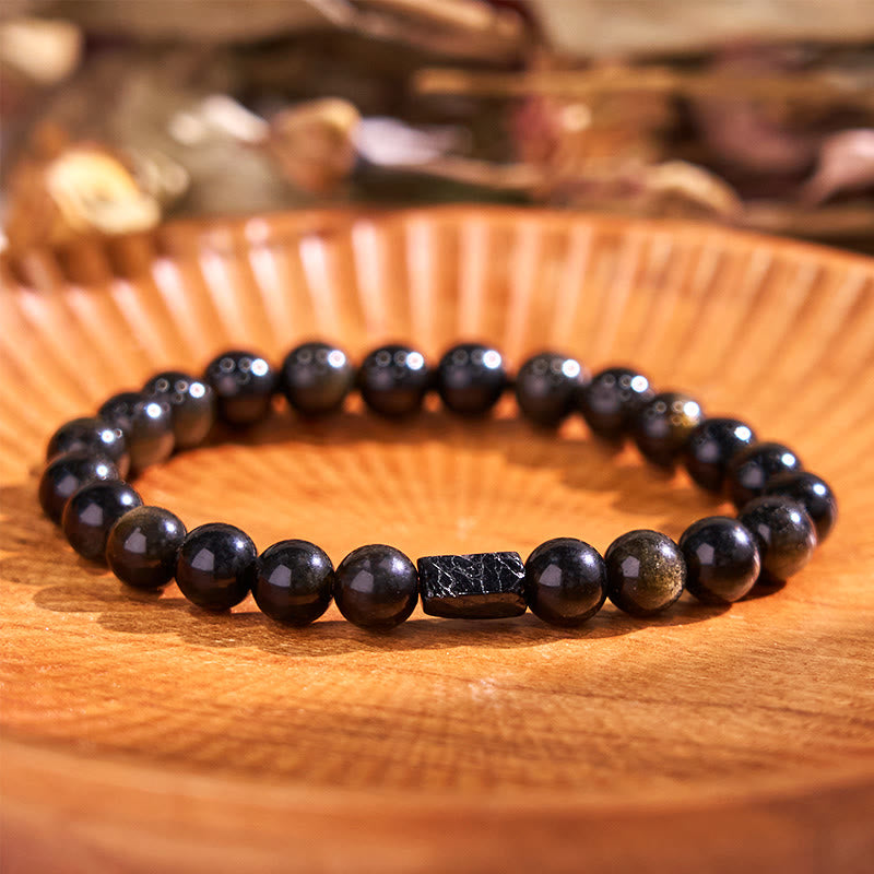Buddhist Blessing Gold Sheen Obsidian Black Tourmaline Wealth Bracelet