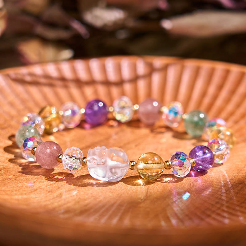 Buddhist Blessing PiXiu White Crystal Citrine Green Strawberry Quartz Amethyst Luck Bracelet