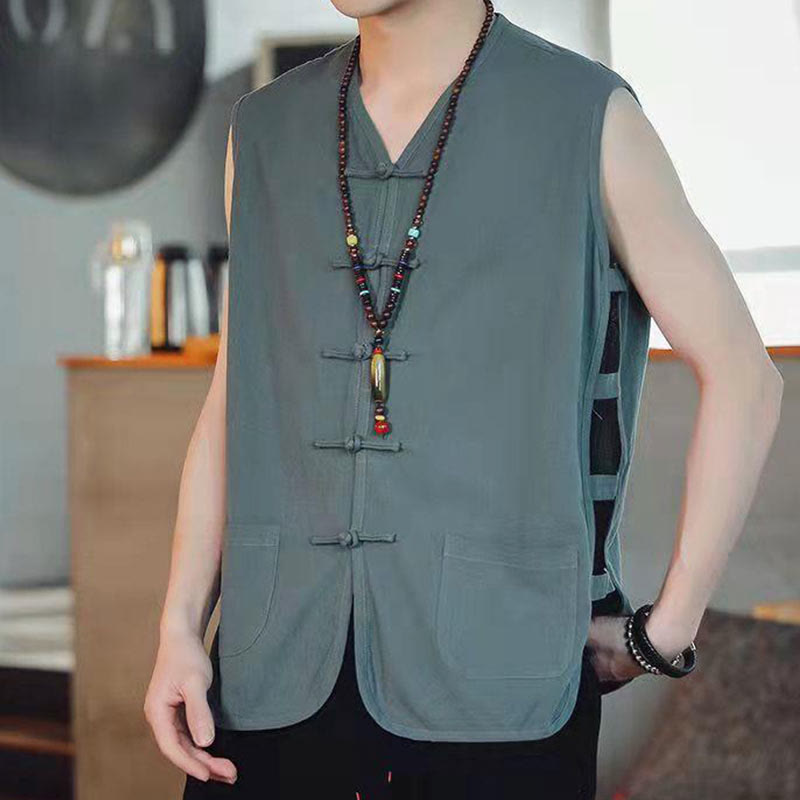 Buddhist Blessing Casual Chinese Frog-Button Men's Cotton Vest Waistcoat With Pockets