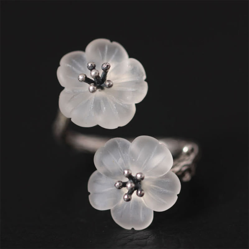 Buddhist Blessing 925 Sterling Silver White Crystal Double Plum Blossom Flower Adjustable Protection Ring