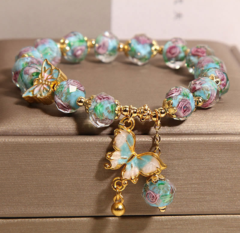 Buddhist Blessing Butterfly Charm Rose Flower Liuli Bracelet