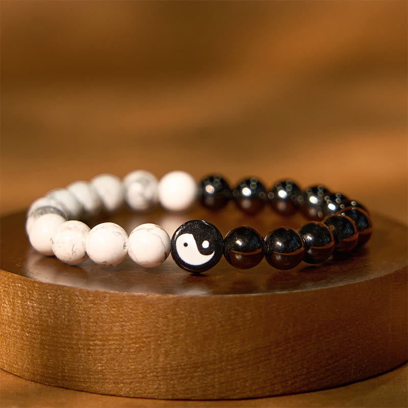 Buddhist Blessing Natural Obsidian White Turquoise Yinyang Tai Chi Strength Bracelet