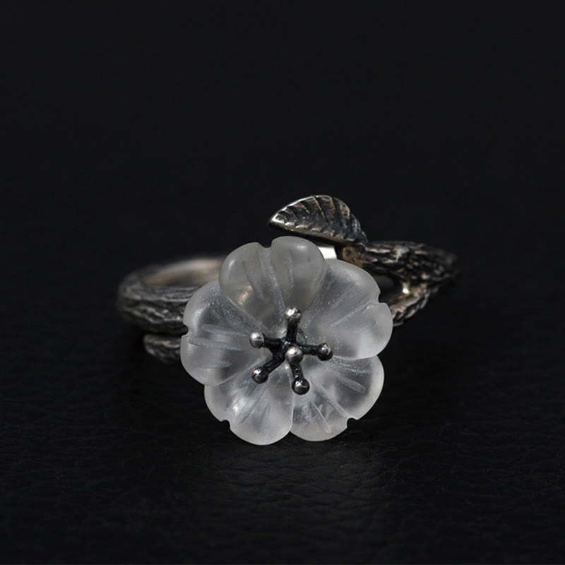 Buddhist Blessing 925 Sterling Silver White Crystal Skeleton Flower Adjustable Healing Ring