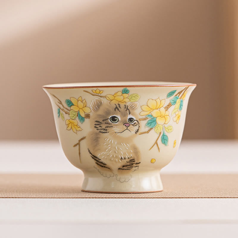 Buddhist Blessing Cute Cat Yellow Flowers Rabbit Teacup Kung Fu Tea Cup