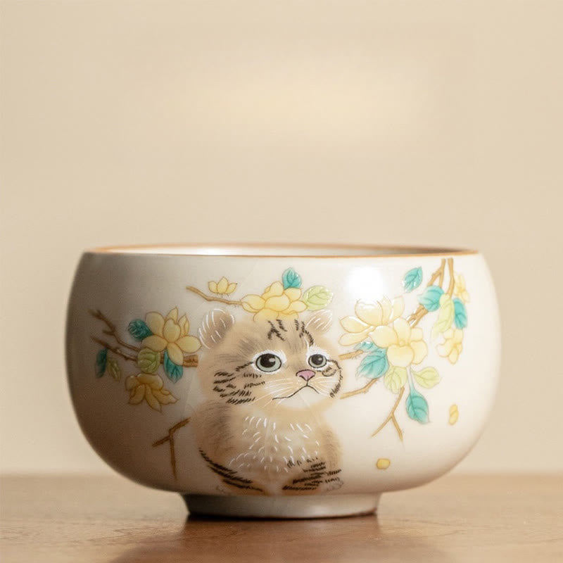 Buddhist Blessing Cute Cat Yellow Flowers Rabbit Teacup Kung Fu Tea Cup