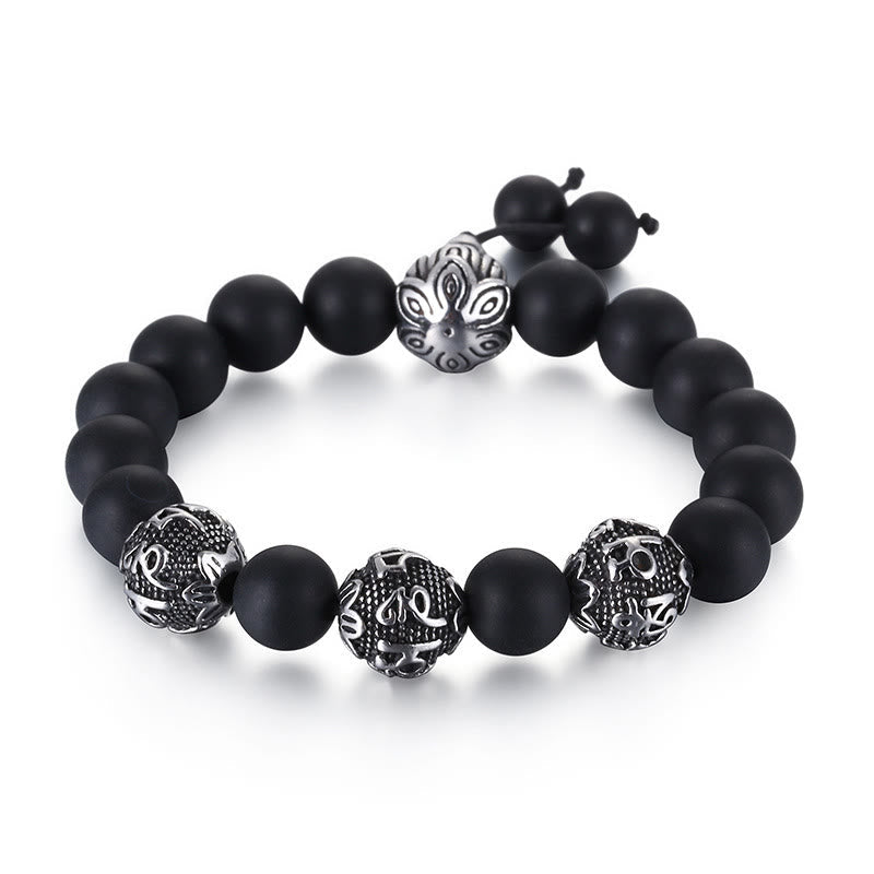 Buddhist Blessing Natural Tiger Eye Lava Rock Black Obsidian Titanium Steel Six-True-Words Om Mani Padme Hum Protection Bracelet