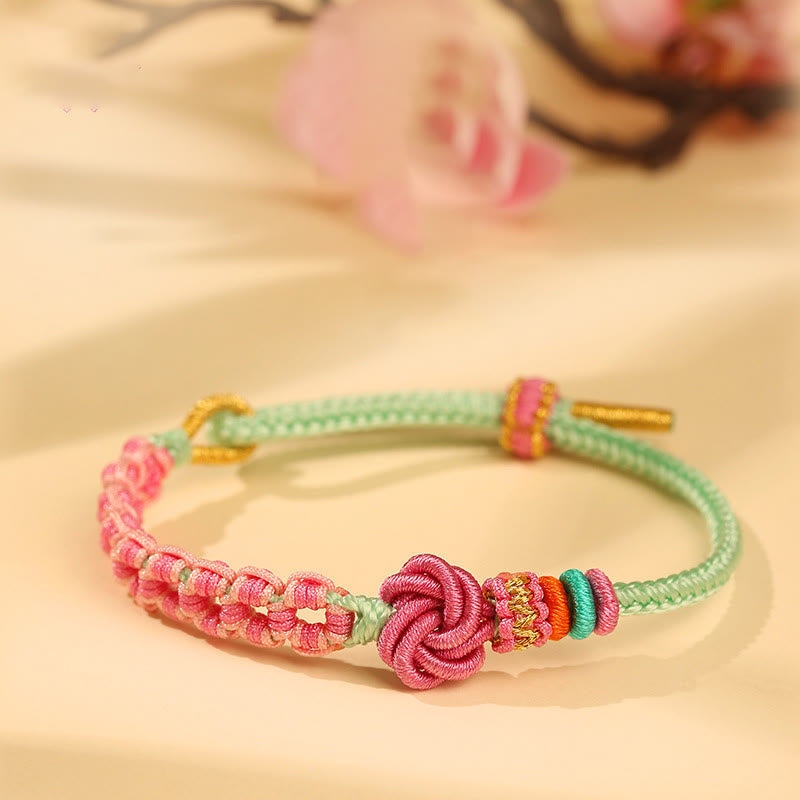 Buddhist Blessing Handmade Pink Green Peach Blossom Knot Braided Bracelet