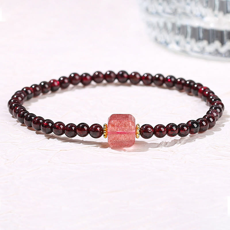 Buddhist Blessing Garnet Cinnabar PiXiu Strawberry Quartz Square Bead Protection Bracelet