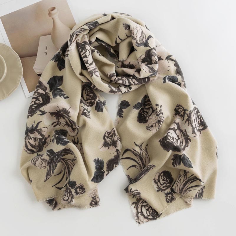 Buddhist Blessing Tibetan Shawl Garden Style Rose Flower Print Fall Winter Soft Warm Scarf Wrap