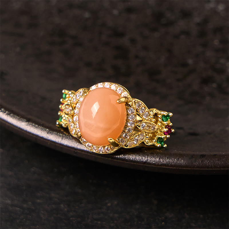 Buddhist Blessing Vintage Prong Setting Four Leaf Flower Design Peach Moonstone Adjustable Soothing Ring